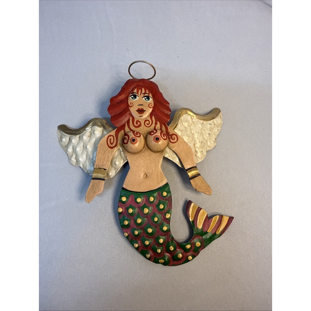 Handcrafted Tin Metal Winged Mermaid Folk Art Wall Hanging Nude Sculpture